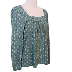 LUCKY BRAND Peasant Blouse Top Square Neck Gathers Flowy Size Large Floral Green